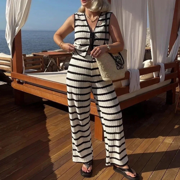 Mango knit set tie front top pants striped white black cream sleeveless long - Picture 7 of 8